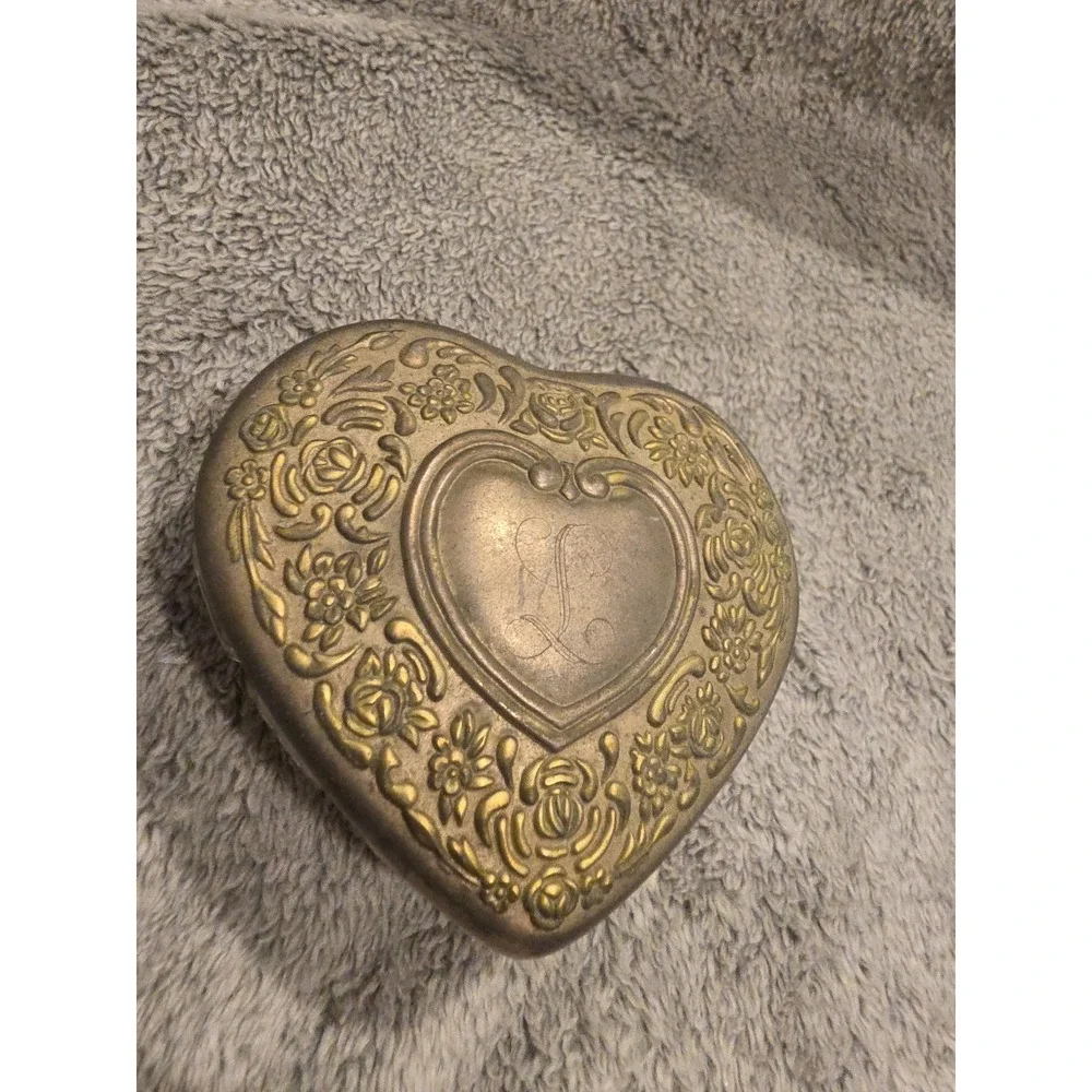 Vintage Heart Shaped Teinket Jewelry Box Glass Dish Letter L Initial Engraved‎